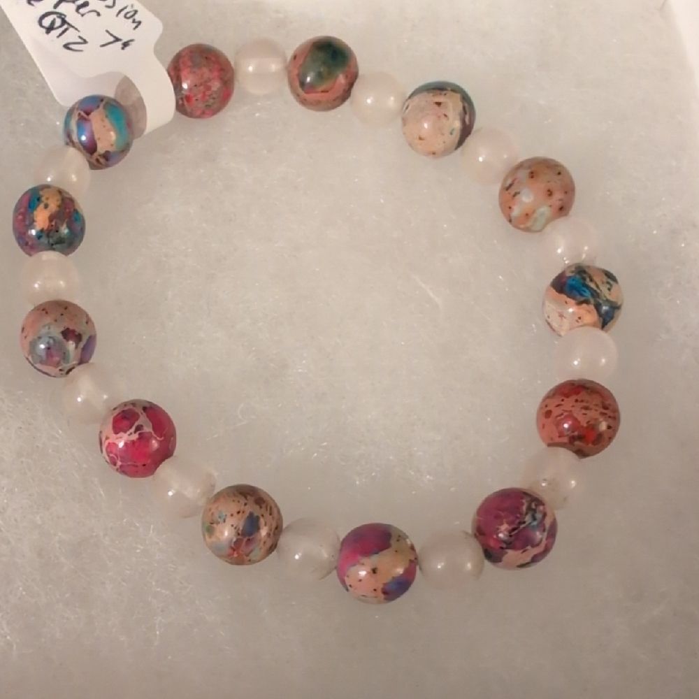 Handmade Impression Jasper And Rose Quartz Stretch Bracelet